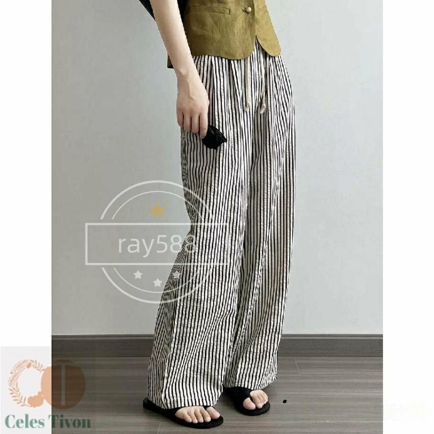 ワイドパンツ レディース タックワイドパンツ ストレートパンツ 春夏 夏 綿 ワイド スラックス ロング マキシ丈 ストライプ柄