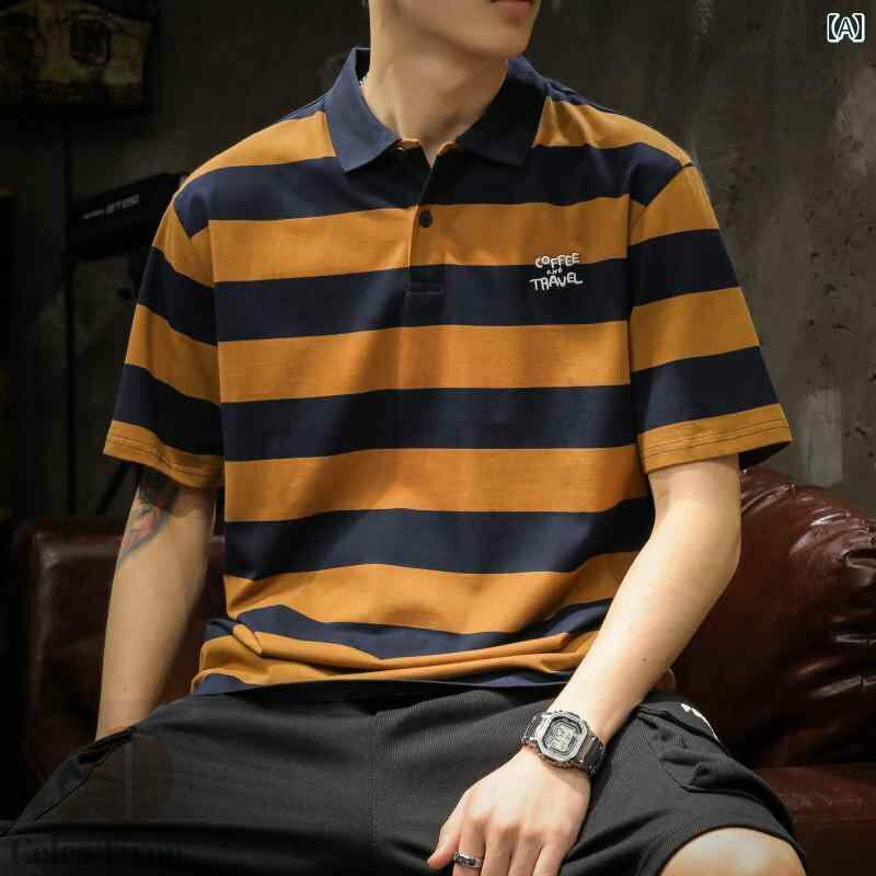 メンズ 男性用 半袖 シャツ トップス 夏 ポロシャツ アメリカン 襟付き ストライプ ボーダ柄 横縞 ラグビー ゆったり 大きいサイズ レジ(4)