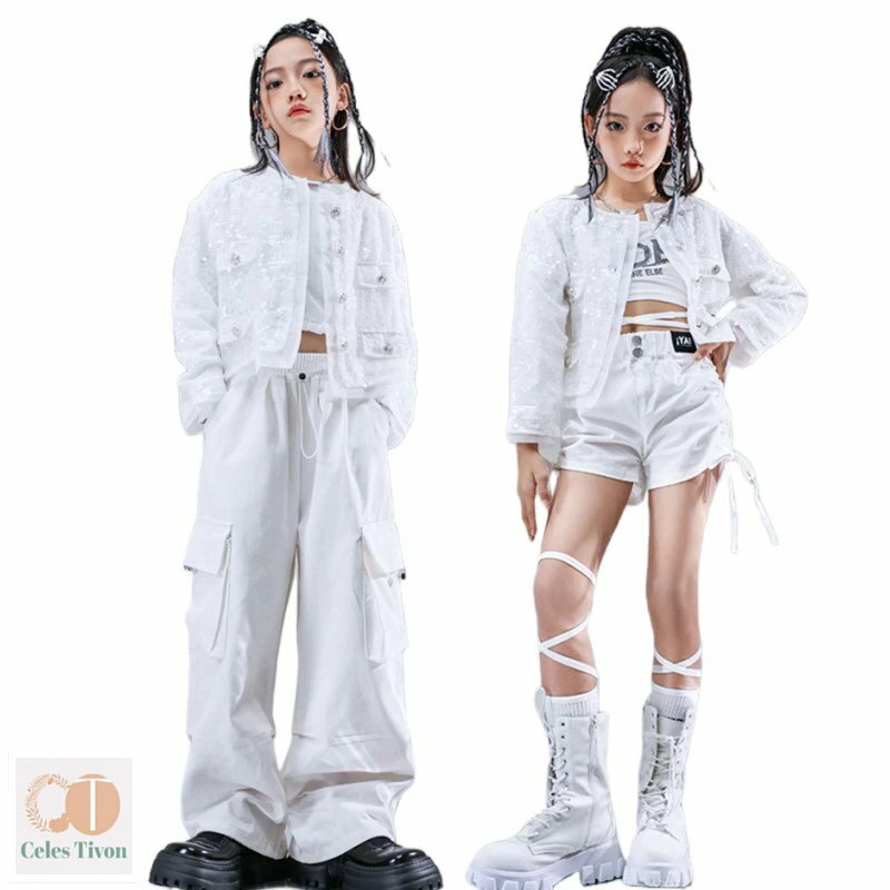 キッズ ダンス衣装 ヒップホップ セットアップ スパンコール ホワイトジャケット ワイドパンツ 女の子 ..