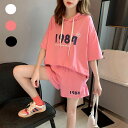 レディース カジュアルパンツセット 夏 部屋着 セットアップ スウェットセット 上下セット Tシャツ 半袖 ショートパンツ プリント ルームウェア パジャマ ゆ...