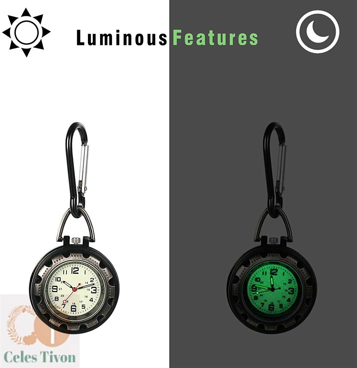 ナースウォッチ 懐中時計 夜光 キーホルダー時計 1ATM防水 合金 丸型 アナログ カラビナ 男女兼用 メンズ レディース