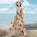 ロングワンピース ワンピース レディース 花柄ワンピース リネンワンピース Vネック 夏 夏服 花柄 総柄 総柄ワンピース 綿麻風 ワンピ 七分袖 マキシ丈 ゆ...