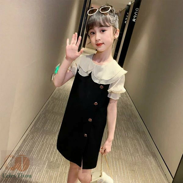 韓国子供服 ワンピース キッズ 女の子 フォーマルワンピース 卒園式 入学式 卒業式 演出 小学校 二次会 発表会 ガールズ 夏ワンピ ブラック ラペル 可愛い...