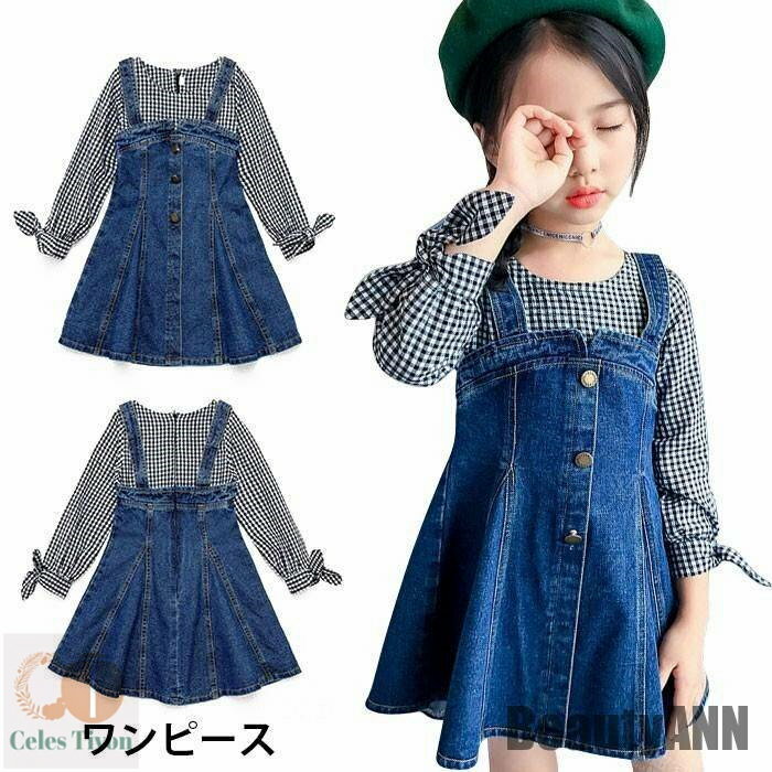 新生活 デニム 子供服 ワンピース 女の子 切り替え 長袖 丸襟 膝丈 ミディアムワンピース デニムワンピース ボタン付き ファスナー リボン 秋新作 秋 春 ...