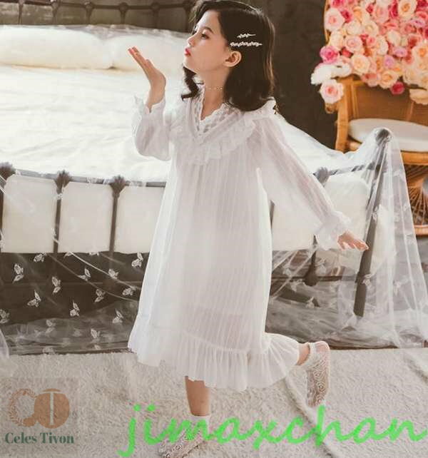 新生活 サマー 110-160/子供 長袖 女の子/ルームウェア ワンピース ネック オフショルダー 寝巻きネグリジェ 姫 宮廷 ロングスカート