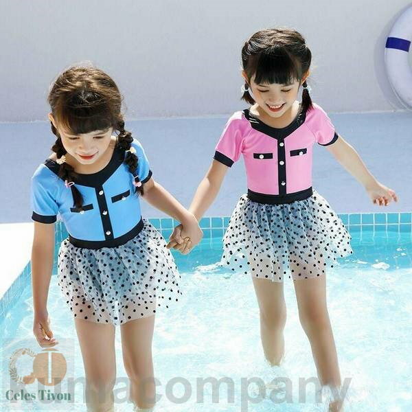 90~140cm 子供水着 2点セット 半袖 水玉柄 レーススカート付き 水着 女の子 ワンピース 女の子 ガールズ 子供 キッズ 水着 子ども用 水着 スクー...