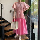 ティアード ワンピース ロング カジュアル おしゃれ ロング丈 半袖 レディース 可愛い ワンピ ドレス バイカラー フレアスリーブ Aライン 涼しい 二の腕カバー ブルー ピンク 春 夏 秋 20代 30代