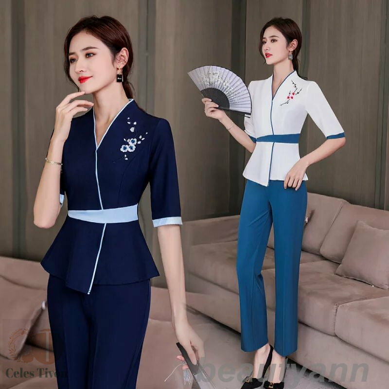 上下セットエステティック サロンウェア リラクゼーション クリニック ホワイト 制服 ファンクショナルビューティー大きいサイズ ジュエリーホテルフロント作業服 ...