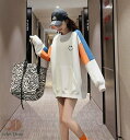 プリント トレーナー レディース オーバーサイズ 秋冬 春 長袖 トップス スウェット プルオーバー 大きいサイズ 3L カンガルーポケット 配色切り替え カジ...