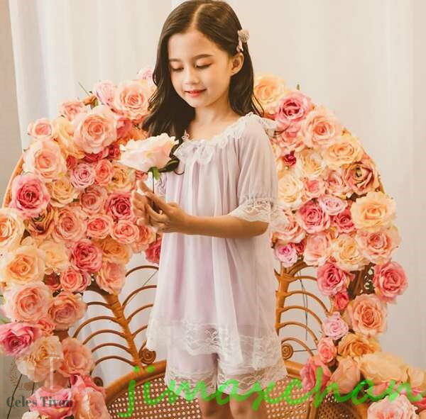 新生活 サマー 110-160/子供 女の子/ルームウェア 上下セット Tシャツ パンツ ネック オフショルダー 寝巻きネグリジェ 姫 宮廷 ロングスカート 膝...