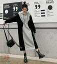 パーカーワンピース バイカラー ワンピース 長袖 ロング フード カジュアル 大きいサイズ 黒 ロングワンピース ロングパーカー ボリューム袖 レディース 韓国 ファッション ゆったり オーバーサイズ ビッグシルエット 春 秋 20代 30代 40代