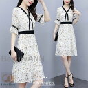 ワンピース レディース 40代 きれいめ 膝丈ワンピース 春 夏 半袖 花柄シフォン リボンvネック Aラインスカート オシャレ韓国風 大人上品 30代 ロングワンピース カジュアル ワンピース 夏 新生活 プレゼント