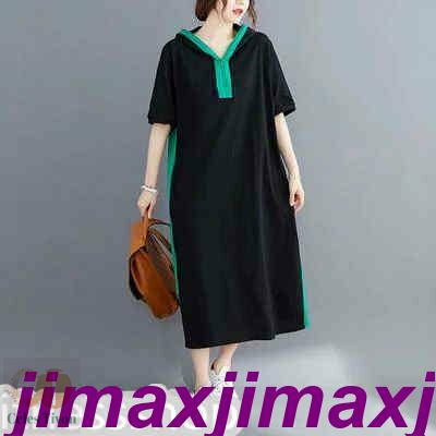 新生活 パーカーワンピース レディース 半袖 フード付き ロング丈 バイカラー切り替え ゆったり 大きいサイズ 着痩せ オシャレ カジュアル 通勤 通学 夏 新作