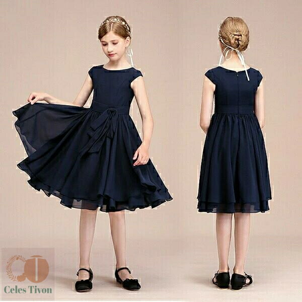 【110/120/130/140/150/160】子供ドレス ピアノ発表会 ミディアム丈 ネイビー シフォンワンピ 上品 女の子 夏 袖付き ビオラバイオリン演奏会 フォーマル キッズドレス ファスナー 結婚式 フラワーガール 花嫁付き添い
