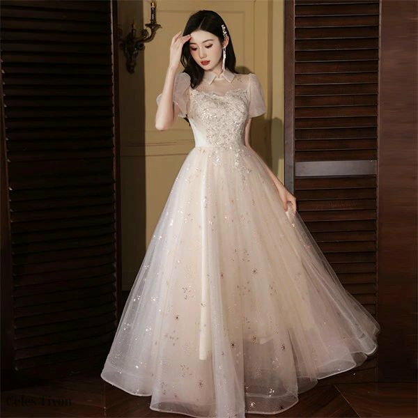 ドレス 大人 ピアノ発表会 演奏会 襟付き ロング丈 ミモレ丈 結婚式 パーティードレス ロングドレス ミモレ丈ドレス 編み上げ パフスリーブ お呼ばれ 袖あり 高級感 二次会 20代 30代 きれいめ シャンパン XS S M L 2L 3L 4L 5L