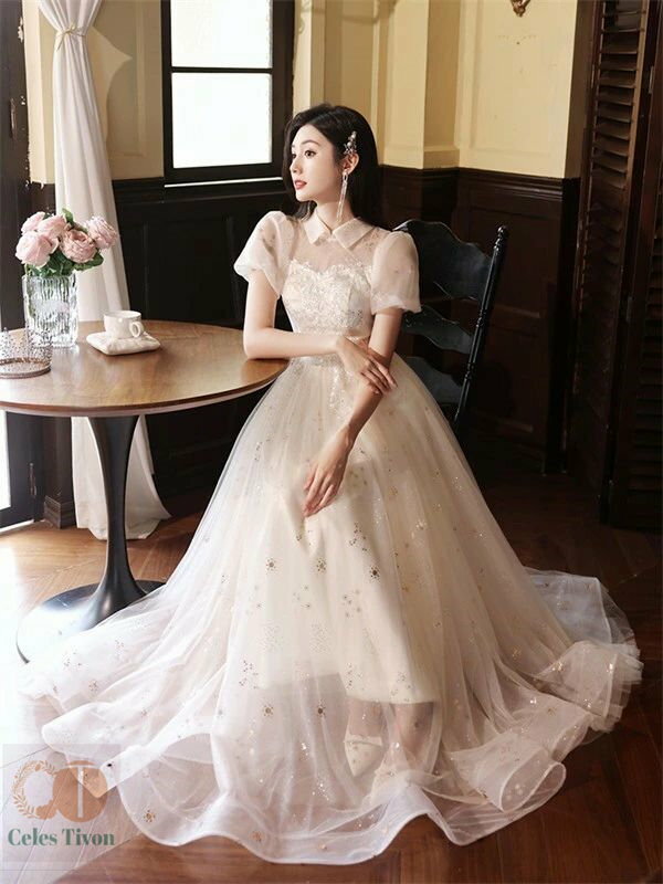 ドレス 大人 ピアノ発表会 演奏会 襟付き ロング丈 ミモレ丈 結婚式 パーティードレス ロングドレス ミモレ丈ドレス 編み上げ パフスリーブ お呼ばれ 袖あり 高級感 二次会 20代 30代 きれいめ シャンパン XS S M L 2L 3L 4L 5L