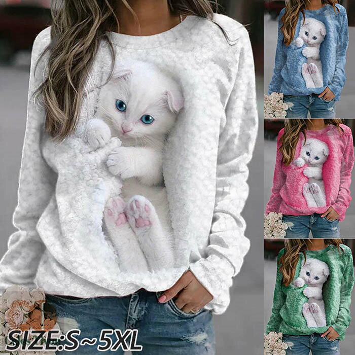 トレーナー イラスト レディース 3D 猫 可愛い 長袖 スウェット 薄手 長袖Tシャツ ねこ 白 面白 男女兼..