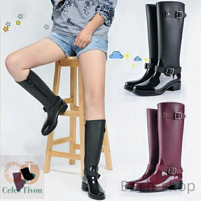 【送料無料】全2色 おしゃれ レインブーツ カジュアル 滑りにくい 梅雨 防水 雨靴 ロング丈 長靴 シンプル レインシューズ レインブーツ レディース ヒール
