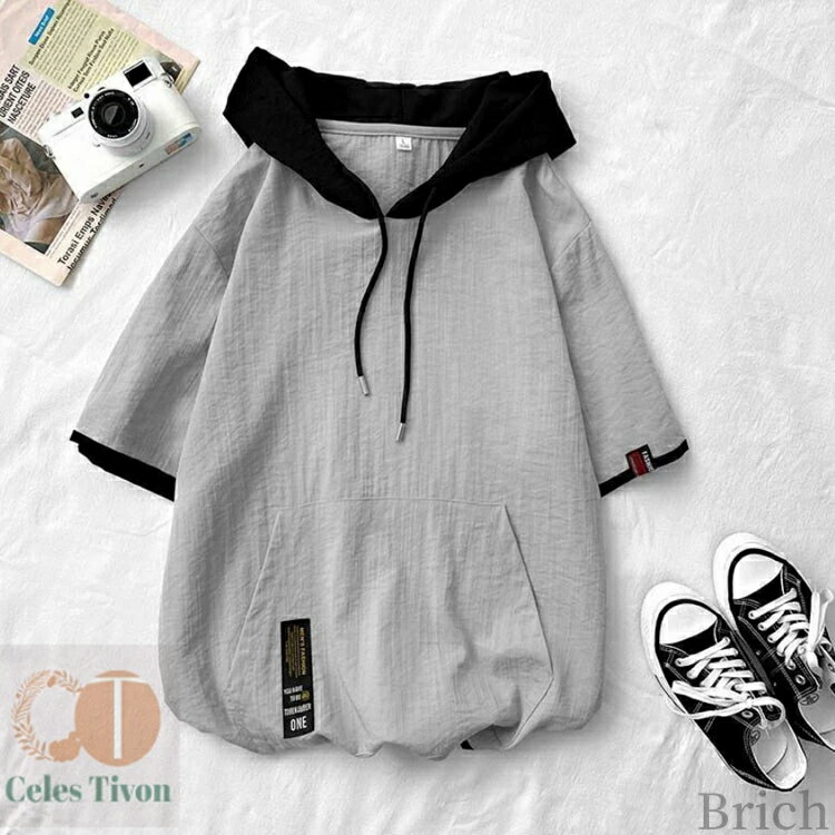 【送料無料】5分袖 ゆったり 夏物 トップス メンズ カジュアル プルオーバー パーカー フード付き メンズ Tシャツ ゆったり 冷感