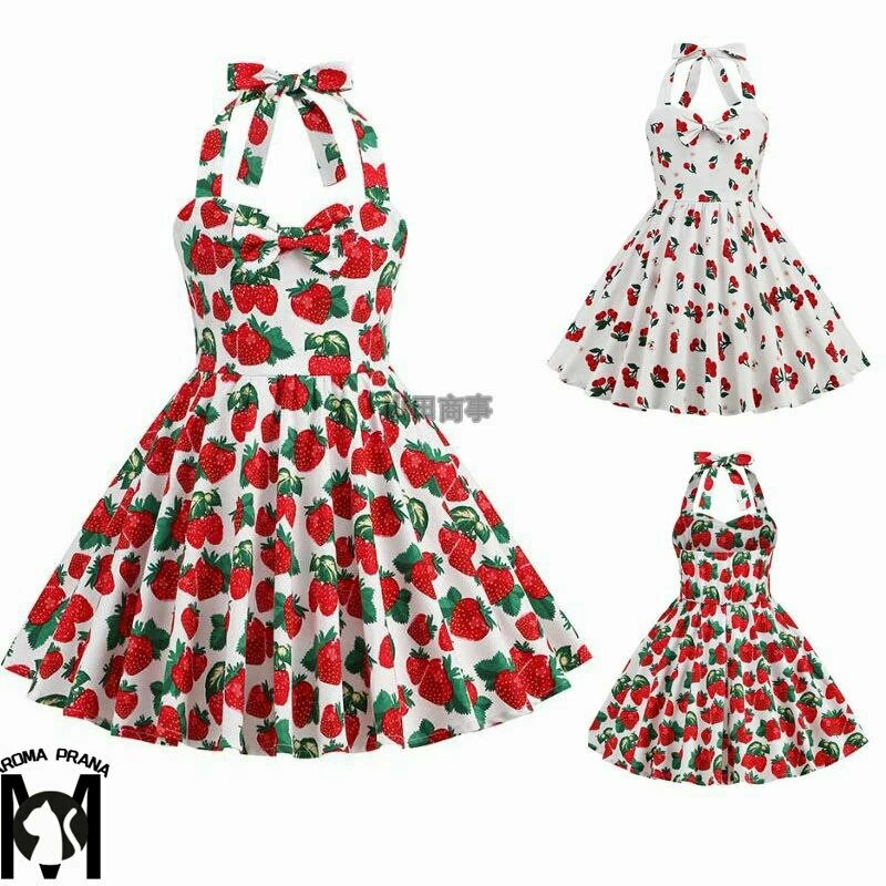苺柄子供ワンピース レトロワンピース女の子ワンピース2色 桜ん坊柄 可愛いキッズ大きい裾ワンピース ミモレ丈/ロング丈ワンピース フランス風ドレス レトロワンピース 細身 パーティードレス 舞台お揃い 団服 演出服 イベント衣装 学園祭 文化祭 合唱 110-150cm
