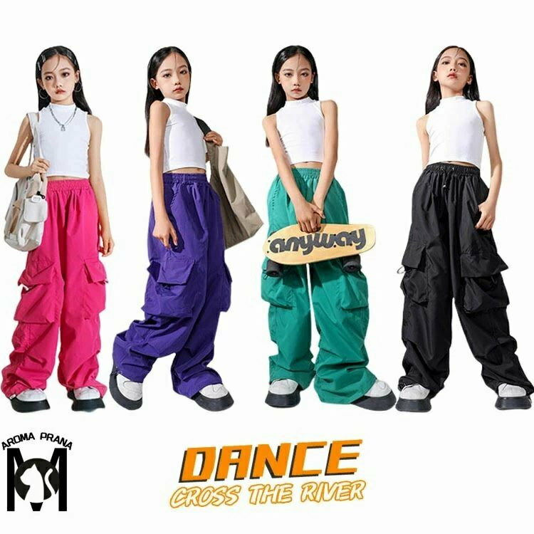 キッズダンス衣装 カーゴパンツ へそ出し パンツ ヒップホップ 白 タンクトップ 高校生 女の子 韓国 k-..