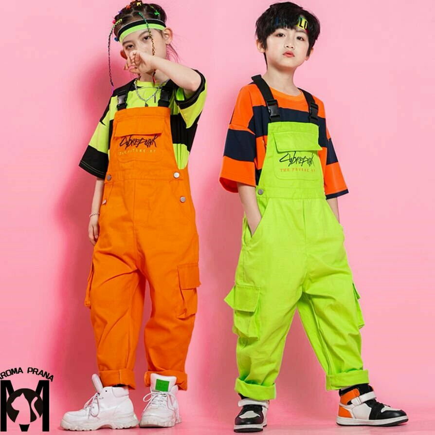 キッズ ジャズダンス 子供　サロペット オールインワン　ヒップホップダンス衣装 男の子 女の子 ボーダ..