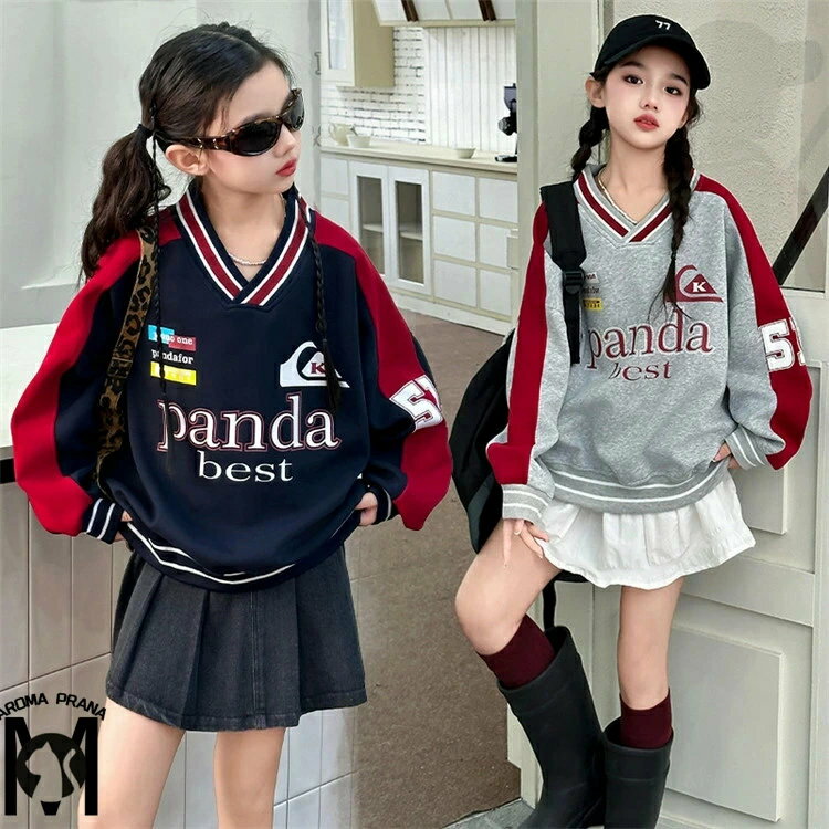 韓国子供服 トレーナー 女の子 可愛い スウェット ネイビー グレー Vネック ダボダボ ダンス衣装 ヒップホップ 韓国 Y2K KPOP ガールズ ジャズ キッズ 姉妹 お揃い おしゃれ 長袖 こども オシャレ 春秋冬 小学生 中学生 120-170cm(4)