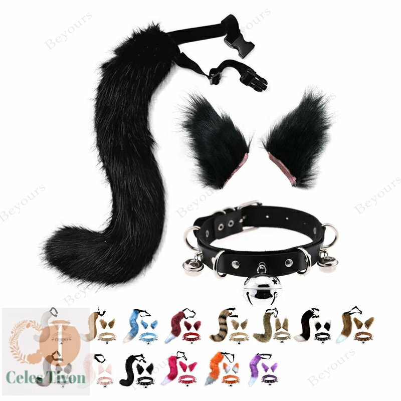 ハロウィン 猫コスプレ 3点セット 猫耳 しっぽ 首輪　カチューシャ耳 モフモフ 尻尾 鈴付き首輪 ケモナ..