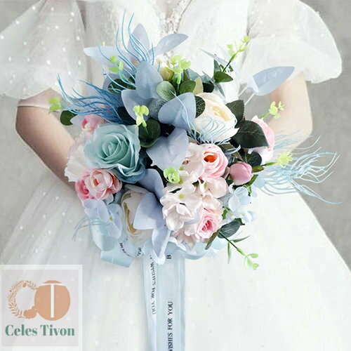 ブーケ 造花 ウエディングブーケ 花嫁 フラワー 結婚式 ブライダルブーケ 造花ブーケ 二次会 贈答品 花束 披露宴 撮影道具 インテリア クリスマス おしゃれ 上品 ピンク ブルー