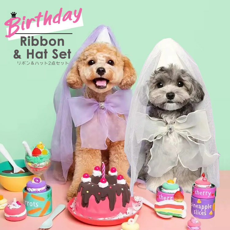送料無料/ 犬 誕生日 帽子 通販 バースデー 犬猫 リボン ロング レース ベール チュール 2点セット スタイ ハット バンダナ パープル ホワイト お祝い...