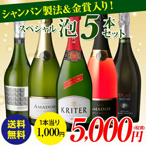 送料無料 金賞やシャンパン製法入り！スペシャル スパークリング5本セット 60弾白 ロゼ ワインセット スパークリングワイン スパークリングワインセット 長S