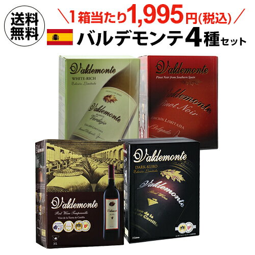 【500円OFFクーポン】利用でボトル換算468円(税込)箱ワイン バルデモンテ 4種セット 飲み比べ 4箱 3000ml 3L x 4箱 ボックスワイン 大容量 スペイン 赤ワイン 白ワイン 辛口 ワイン ワインセット 長S