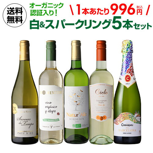 【誰でもP3倍 5/25 0時～/27 2時】【2セット購入で500円OFF】1本あたり996円(税込) 送料無料 オーガニック認証入り！爽快白＆スパークリング5本セット 19弾ワインセット 白ワインセット オーガニックワインセット 長S