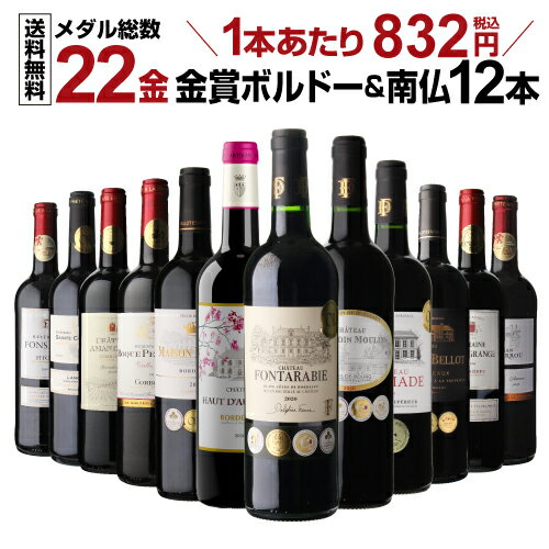 【832円/1本 送料無料】【50％OFF】ワインセット すべて金賞ボルドー＆南仏 特選12本セット メダル総数22金 36弾 ワイン ボルドー 金賞 飲み比べセット 赤ワインセット 赤ワイン 金賞ワイン RSL