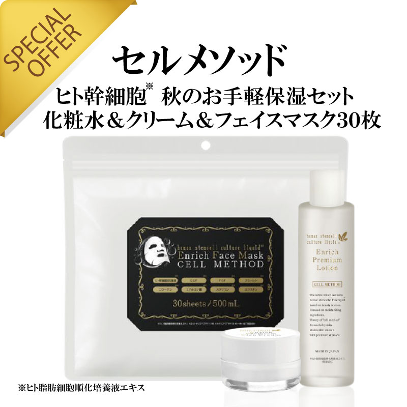 【セルメソッド】 ヒト幹細胞 秋のお手軽保湿セット 化粧水 120ml+クリーム 30g+フェイスマスク30枚 スキンケアセット 人幹細胞 エイジングケアセット エイジングケア シワ たるみ ハリ スキンケア シミ 乾燥肌 幹細胞美容液 コフレセットのサムネイル