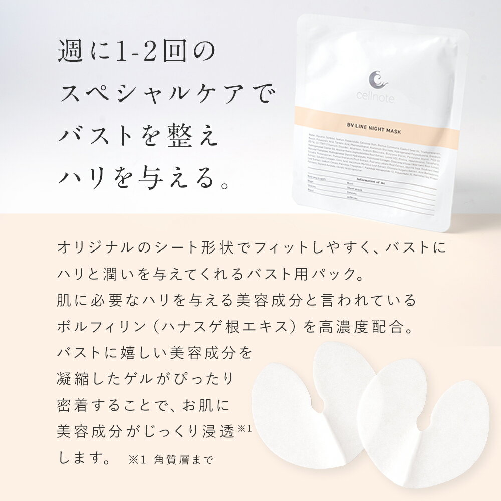 【公式】cellnote. BV LINE NIGHT MASK セルノート ボリュームラインナイトマスク 1包(2枚入り) お試し用 バスト用パック バストパック バストメイク バストケア ハリ 潤い ボルフィリン コラーゲン アロエベラ 3