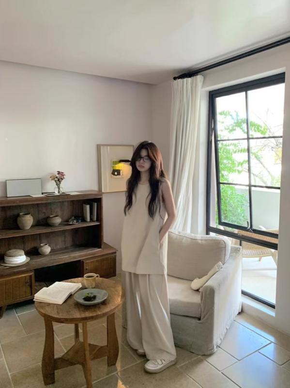 レディース セットアップ 2点セット ジャンパースカート ワイドパンツ ノースリーブ 上品 レトロ シンプル きれいめ 高見え 体型カバー カジュアル オフィス 通勤 大人 春 秋