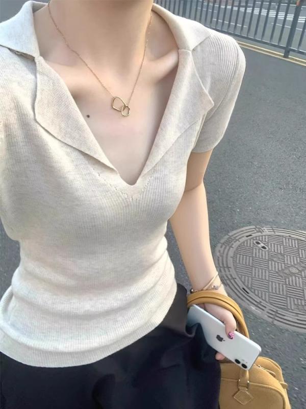 Shirts - レディース ポロシャツ 半袖 ニット Tシャツ 接触冷感 Vネック ポロ襟 スリム 美シルエット 上品 高見え きれいめ フレンチスタイル 通勤 オフィスカジュアル 夏 トップス