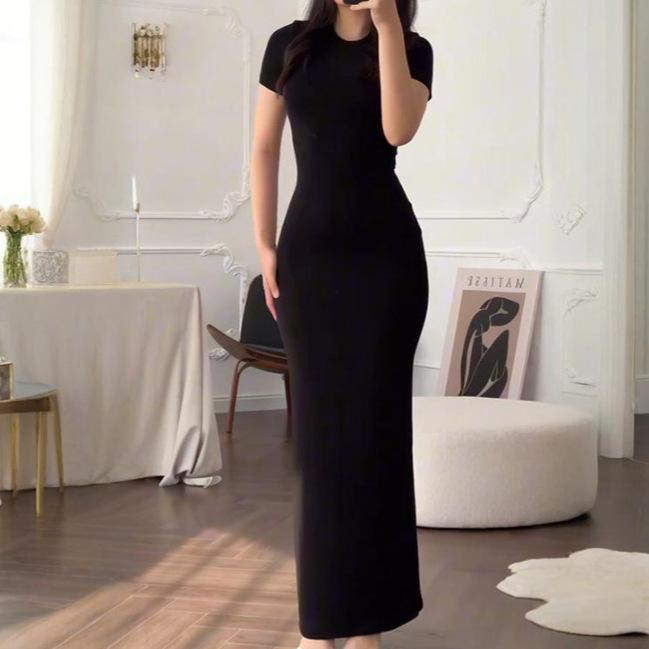 欧米風 スリムフィット セクシー 純欲 気質 ロングドレス 夏物 レディース ラウンドネック 半袖 エレガント ワンピース