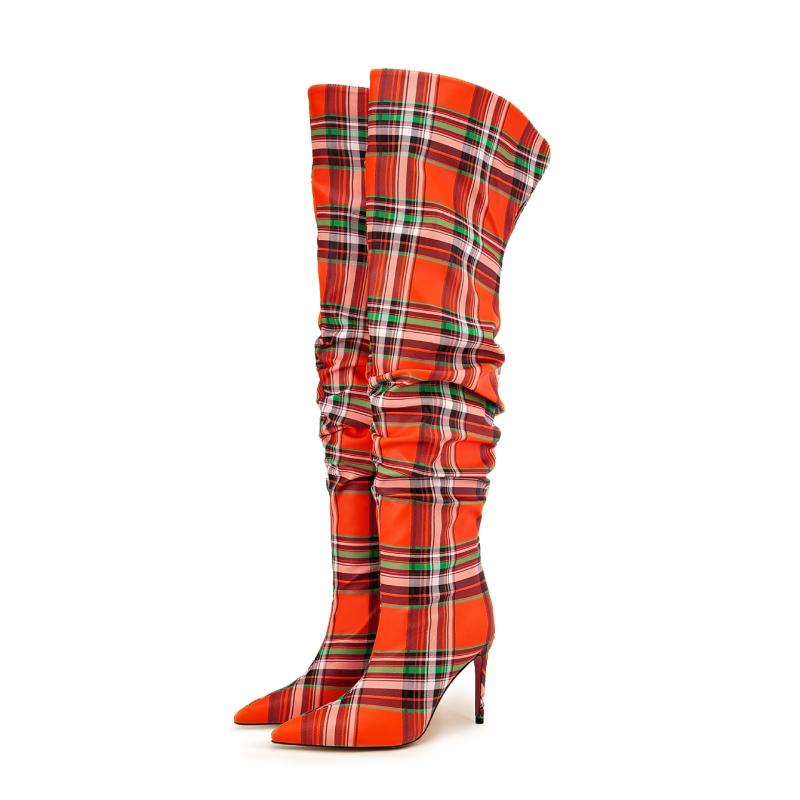 ブーツ レディース 秋冬 オーバーニー ロングブーツ ピンク 赤 チェック柄 尖頭 細ヒール ハイヒール 欧米風 普段使い