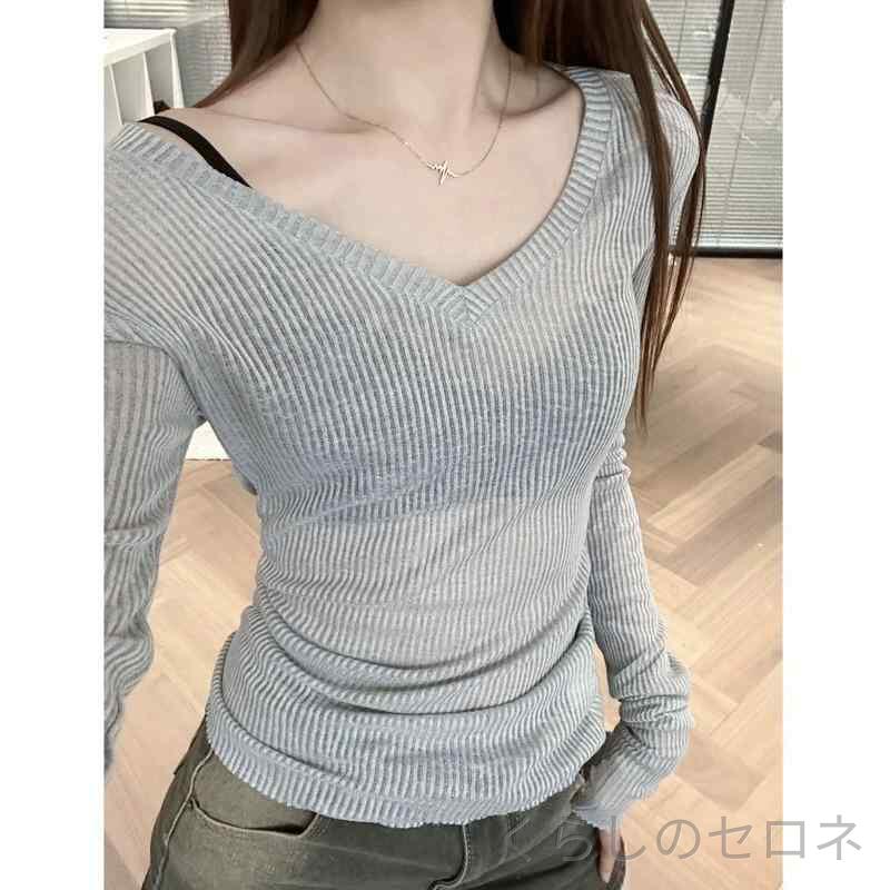 ニットトップス レディース 春秋 Vネック 薄手 長袖 微透け UVカット インナー 防晒シャツ 軽量 吸湿速乾 接触冷感 再生繊維 部屋着 通勤 通学 アウトドア