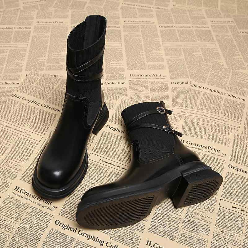 ショートブーツ レディース 本革 秋冬 太ヒール ソックスブーツ 細見えブーツ 高級感 普段使い 伸縮性 ブラック