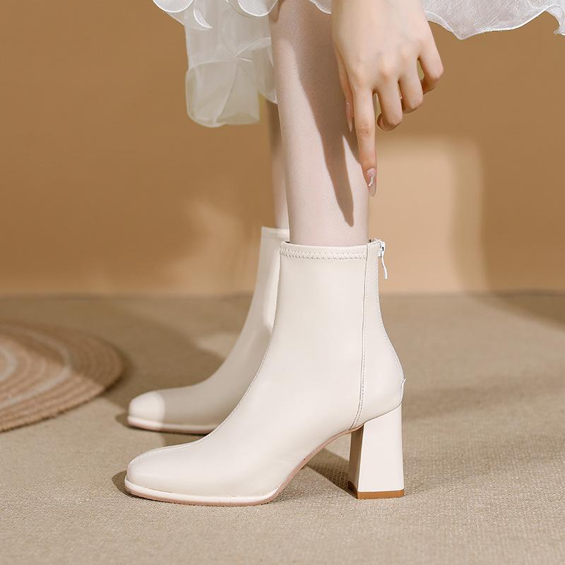 ブーツ レディース 本革 アンクル丈ブーツ 太ヒール フレンチスタイル ブラック 細身 ステッチデザイン 秋冬 通勤用 高級感