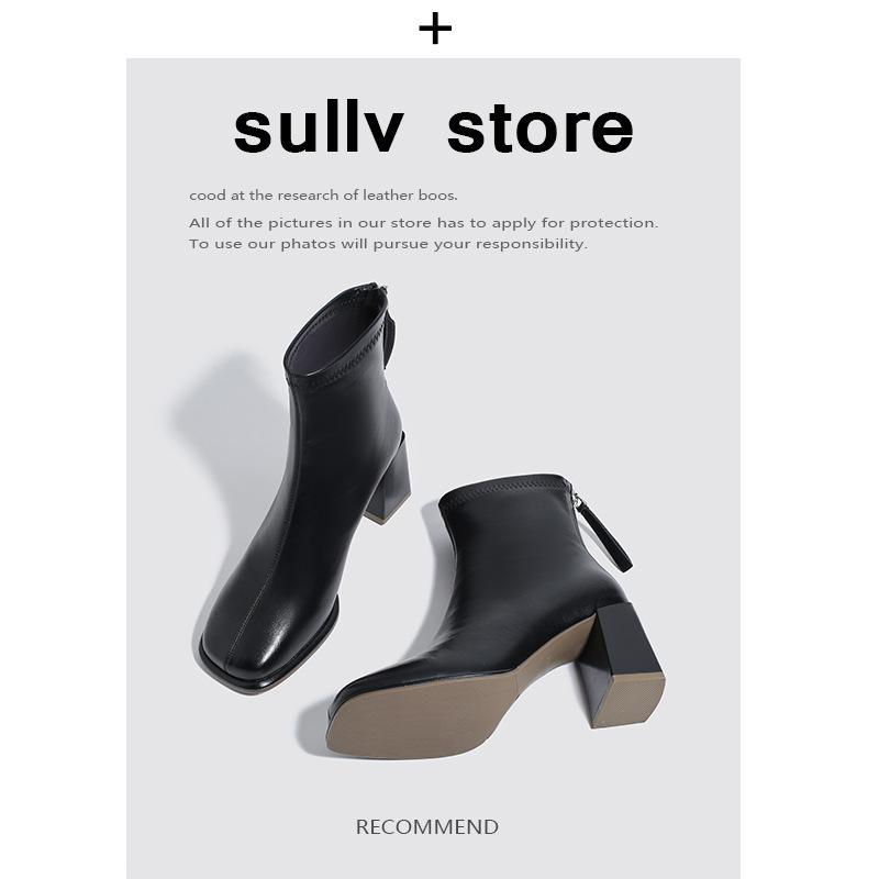 ショートブーツ レディース 本革 太ヒール ハイヒール スクエアトゥ ブリティッシュ 細見え 裏起毛 高級感 普段使い 通勤用 歩きやすい 秋冬