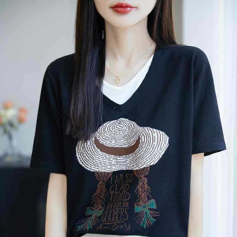 春夏 レディース Vネック 短袖 ニットトップス 羊毛 プリント 切り替え フェイクツーピース デザイン 高級感