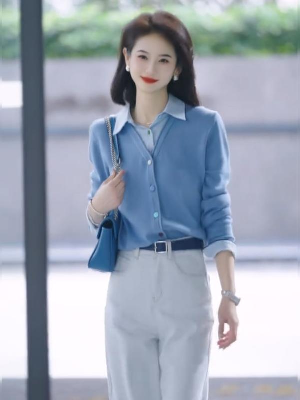 レディース 春夏 ニットカーディガン 切り替え コントラストカラー シングルボタン ポロカラー フェイクツーピース 長袖 軽量 吸湿速乾