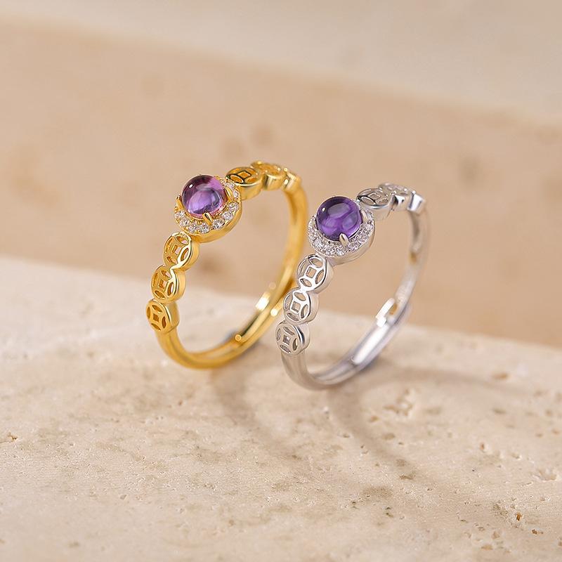 指輪 紫水晶 天然石 S925純銀 金メッキ 丸ビーズ 銅銭モチーフ ラッキーアイテム 開運アクセサリー 女..