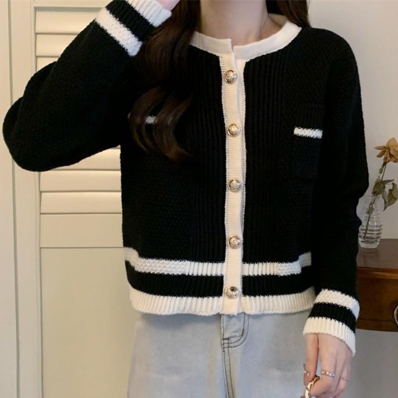 カーディガン レディース 秋冬 韓国風 ゆったり クルーネック 切り替え ニット 普段使い ビッグシルエット 伸縮性 体型カバー オフィス カジュアル