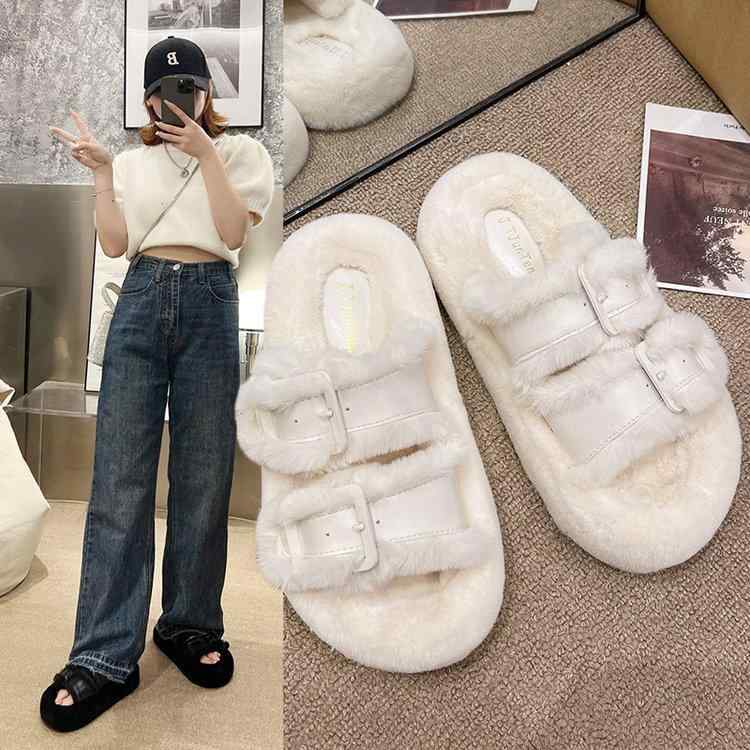 室内履き レディース 秋冬 ファー シープスキン 裏ボア フラットソール コットン 保温 部屋着 高級感 軽量