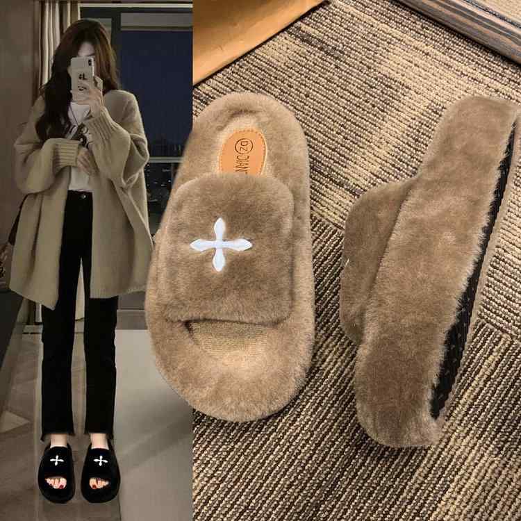 サンダル レディース スリッパ ファー もこもこ 厚底 ワンベルト 外履き 秋冬 綿 クロスデザイン 万能 軽量 普段使い